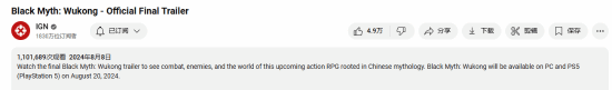 黑神話：悟空最終預告IGN看量超110萬：各知名賬號總看量破220萬！