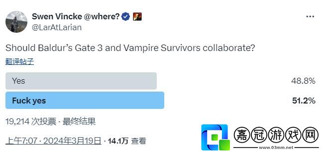 拉瑞安工作室暗示博德之門3或將與吸血鬼幸存者聯動-博德之門3總監發文暗示-游戲將聯動吸血鬼幸存者